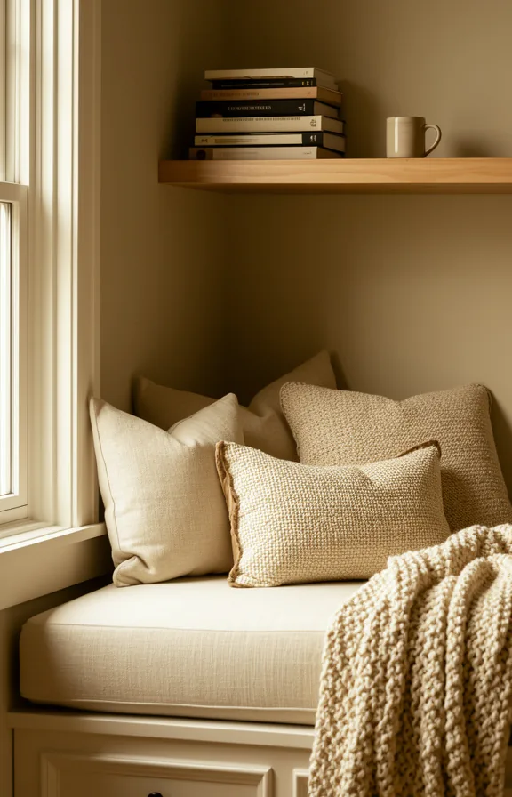 3/4 angle of a cozy reading nook alcove with a low upholstered bench in cream linen