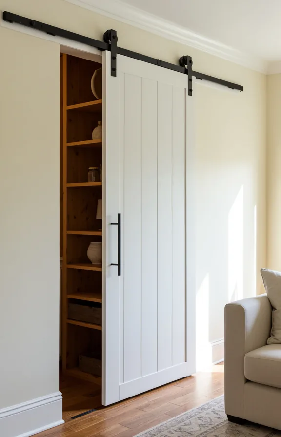 Medium shot of a living room with a white-painted sliding barn door revealing warm wood shelving