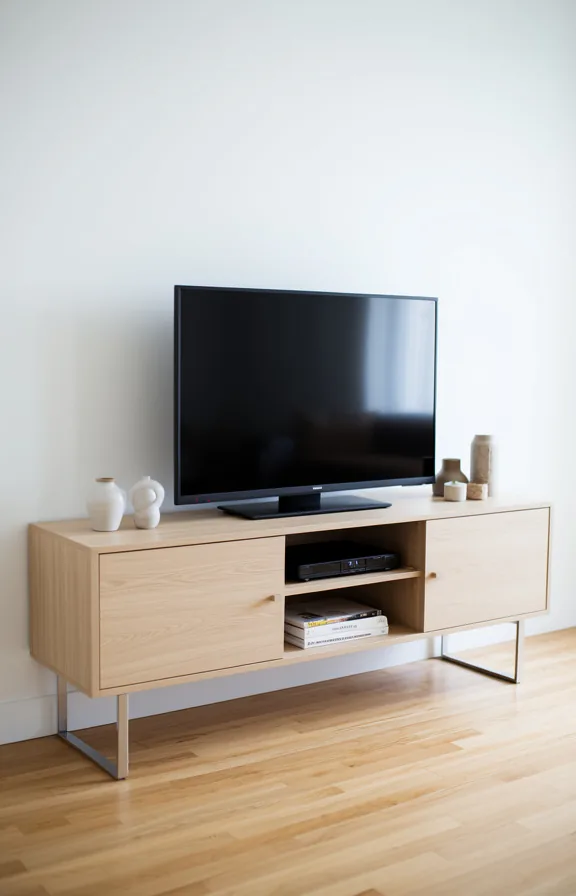 3/4 angle of a sleek low-profile media console in pale wood with metal legs