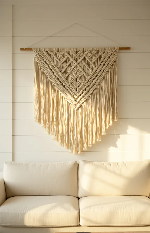 white shiplap or plain walls flanking it, a cream sofa below