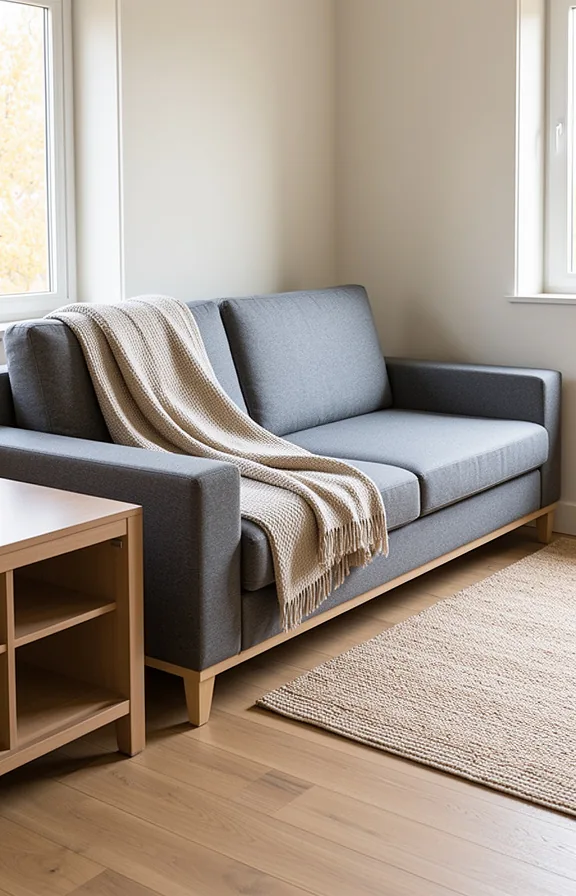Medium view of a small living room with a modern convertible sleeper sofa in gray with clean lines