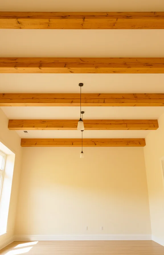 warm honey tones in the wood, simple pendant lights hanging below