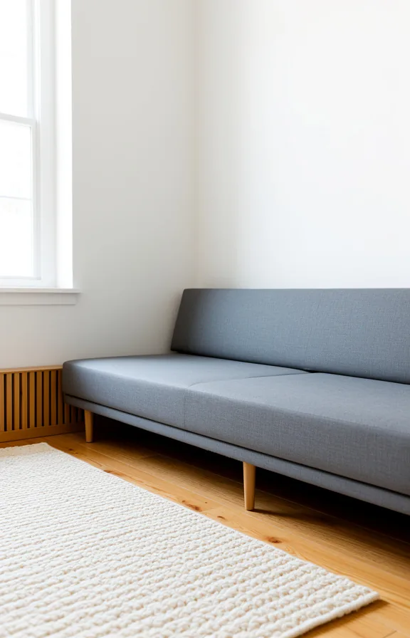 3/4 angle of a small living room with a low-profile gray platform sofa against a white wall