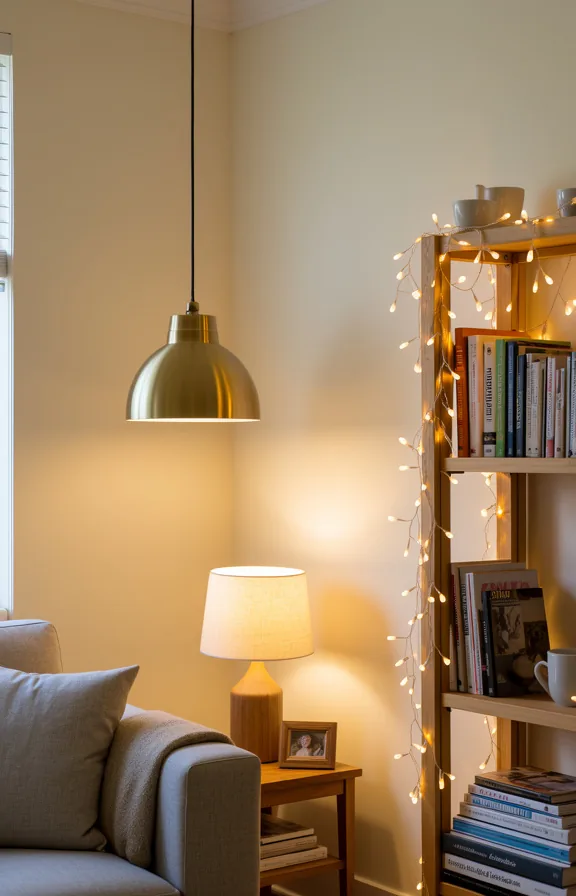 Medium shot of a living room corner with three different light sources: brass pendant overhead