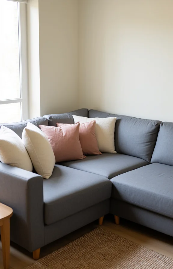 3/4 view of a compact corner living room with a dove-gray L-shaped sectional