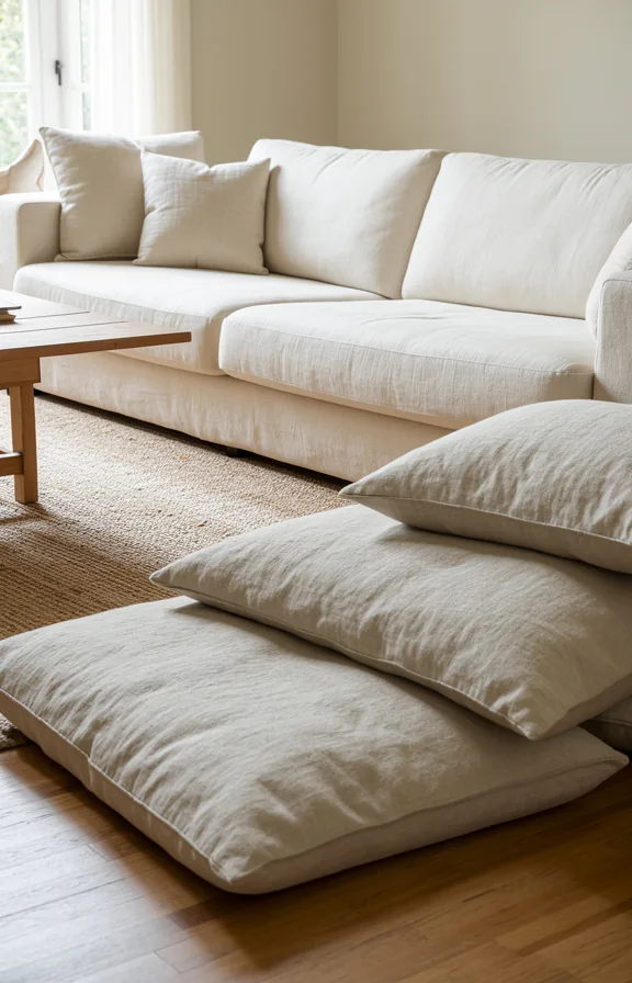 Medium shot of a living room floor with an oversized cream linen sectional sofa