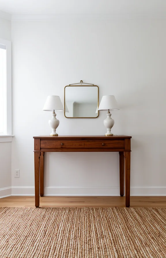 topped with a simple brass mirror and two ceramic table lamps