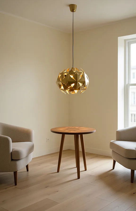 3/4 angle of a living room with a sculptural brass pendant light hanging above a small round wood