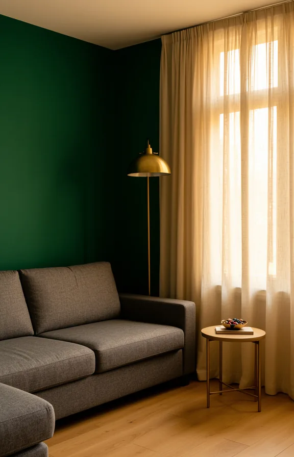 grey sectional sofa, warm brass floor lamp beside it