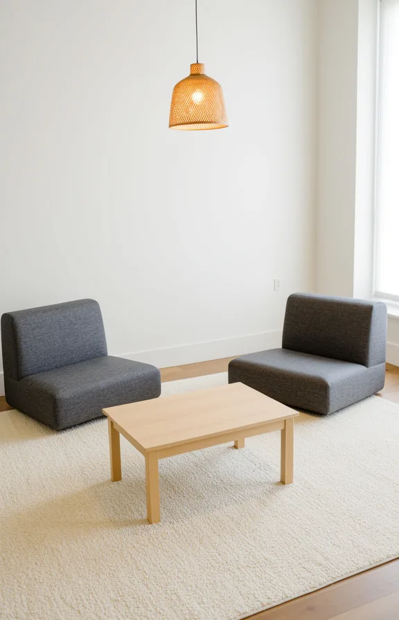 3/4 shot of modular seating arrangement with two small grey upholstered modules at angles