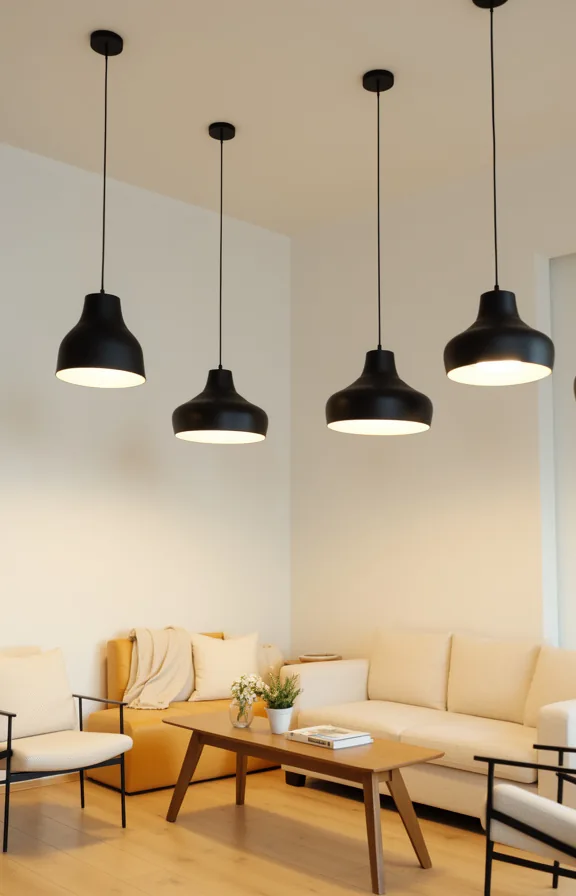suspended at varying heights over seating area below