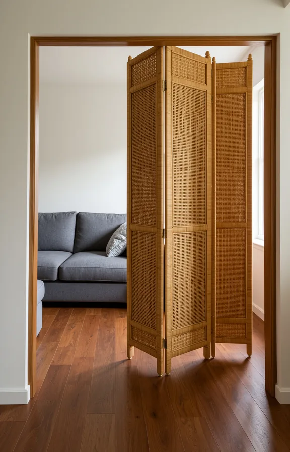grey sofa on one side visible through gaps