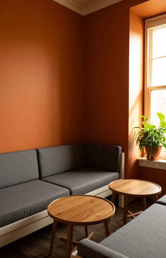 3/4 angle of corner nook painted warm terracotta orange