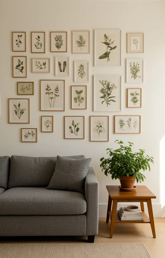 grey sofa below, warm wood side table, one potted plant on table