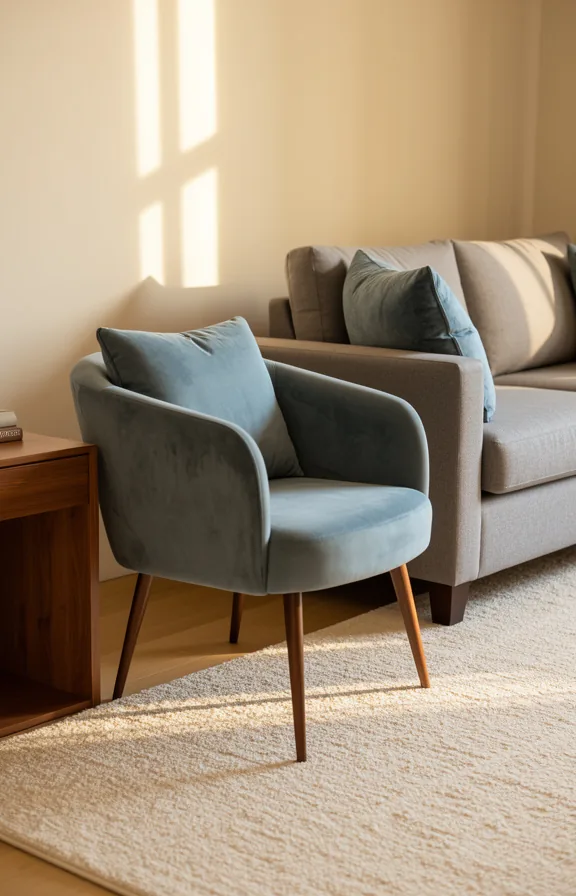 3/4 view of small seating area with dusty blue velvet upholstered accent chair
