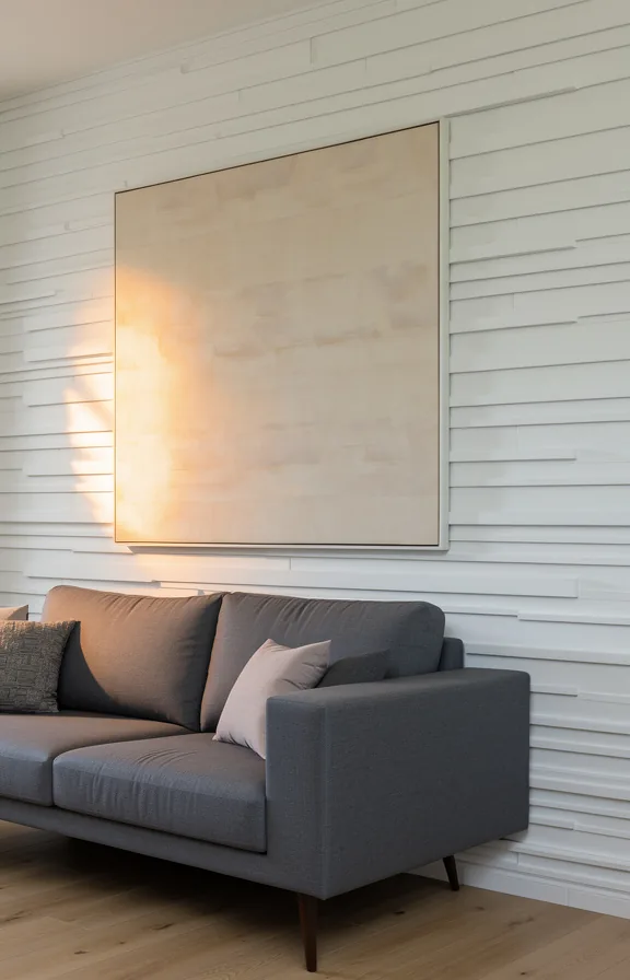 textured and dimensional behind grey sofa, one piece of abstract art