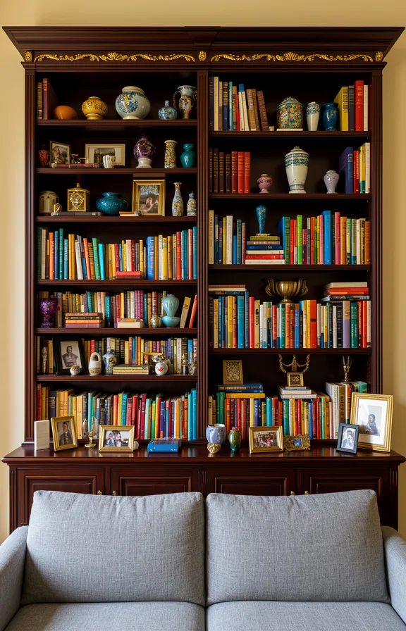 ceramic objects in jewel tones, gold accents, small framed photos