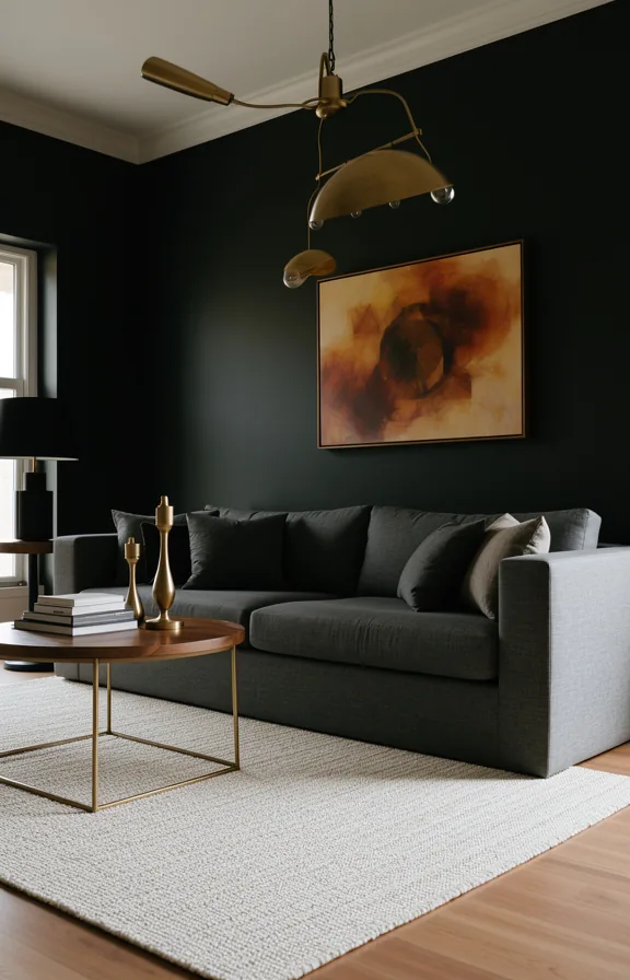 3/4 view of living room painted deep charcoal grey
