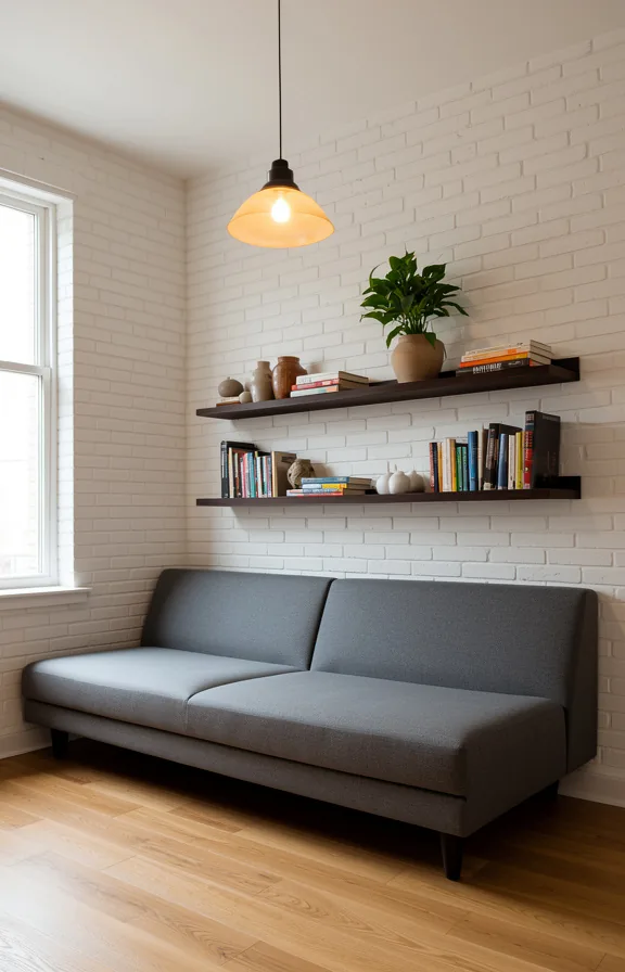 3/4 angle view of a small living room with white painted brick walls