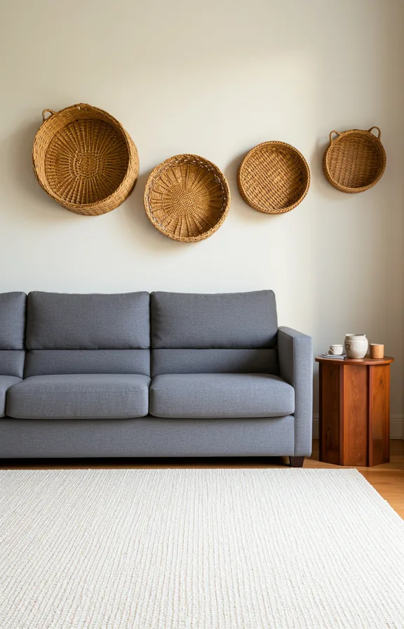cream area rug below, grey sofa anchoring space