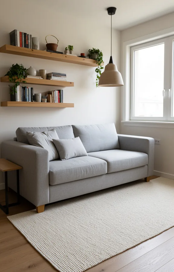 3/4 view of tightly arranged small living room with properly scaled furniture