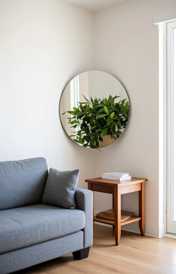 grey sofa beside it, warm wood side table