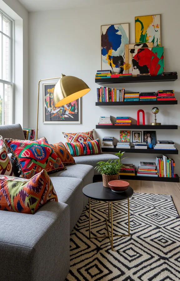 3/4 angle of maximalist living room with patterned throw pillows