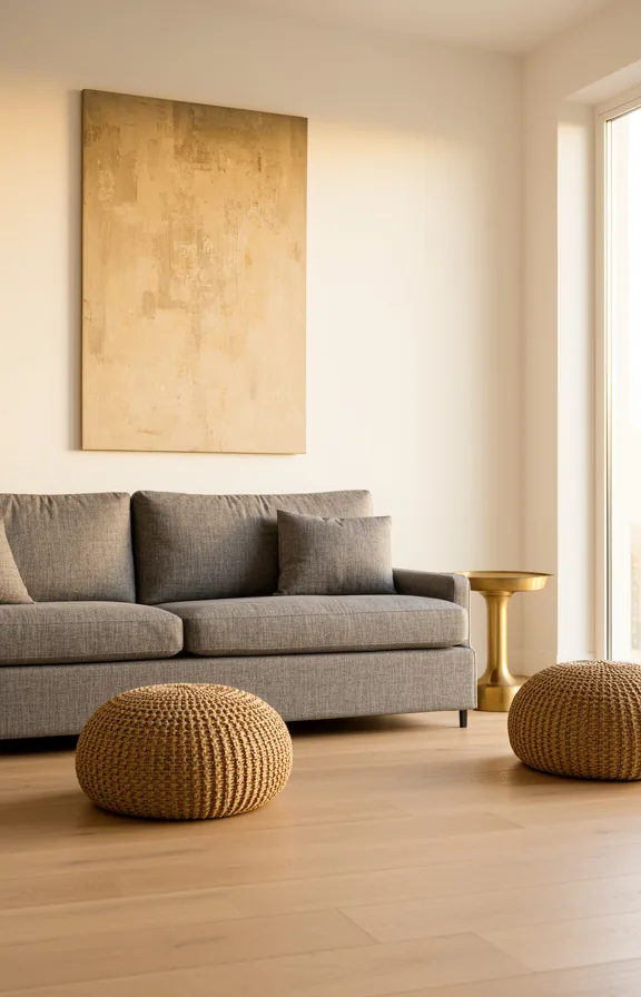 minimal legs visible, warm brass side table, single large abstract artwork above