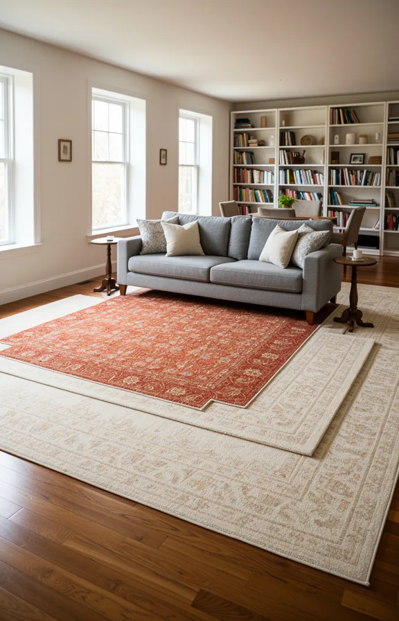 grey sofa anchoring center, small side tables at corners