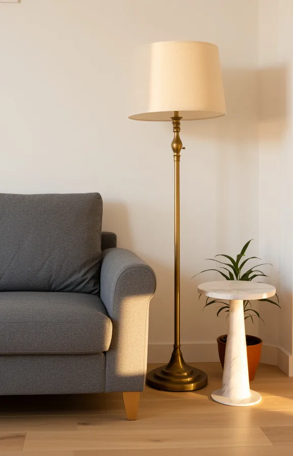 3/4 view of corner beside grey upholstered sofa with tall vintage brass floor lamp