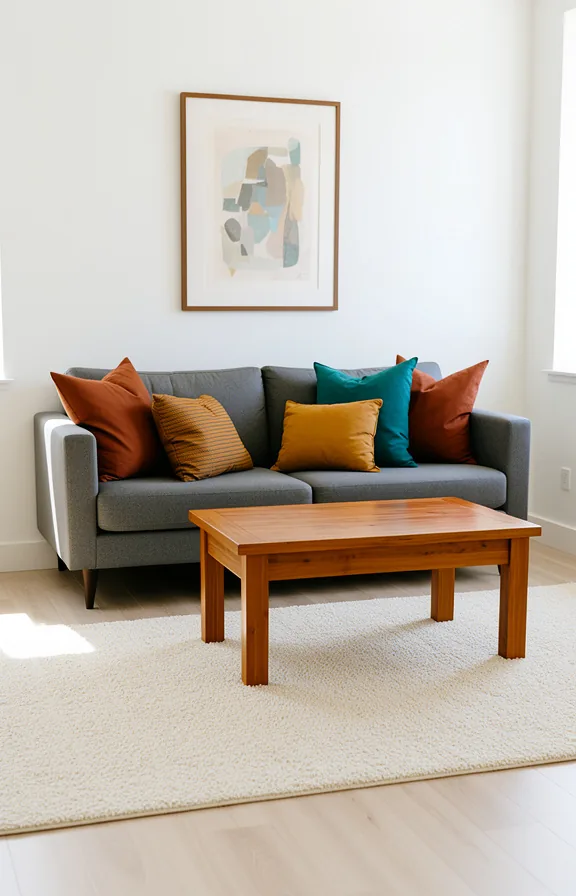 ochre, and teal, warm wooden coffee table, cream area rug