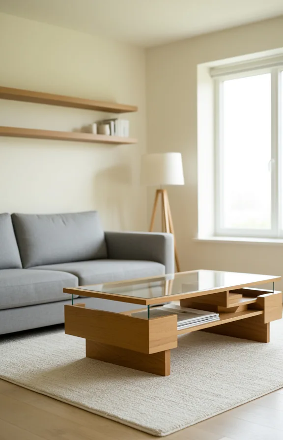 grey sofa beyond, wall shelves visible, one table lamp