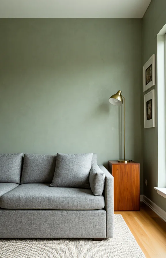 grey sofa positioned against it, warm wood side table
