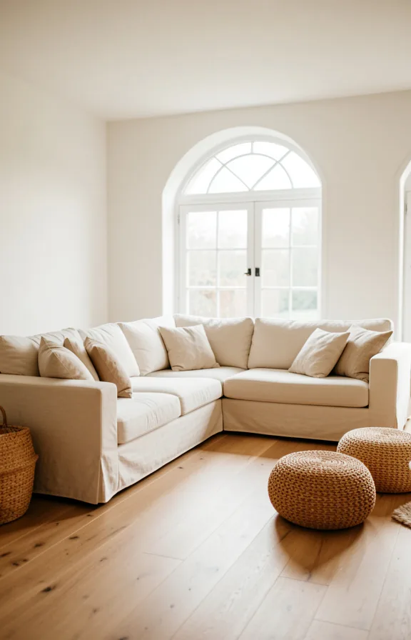 natural wood flooring, large arched window with diffused afternoon light