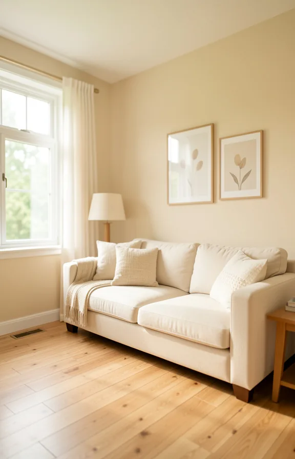 Full view of small living room painted in soft warm cream and beige tones