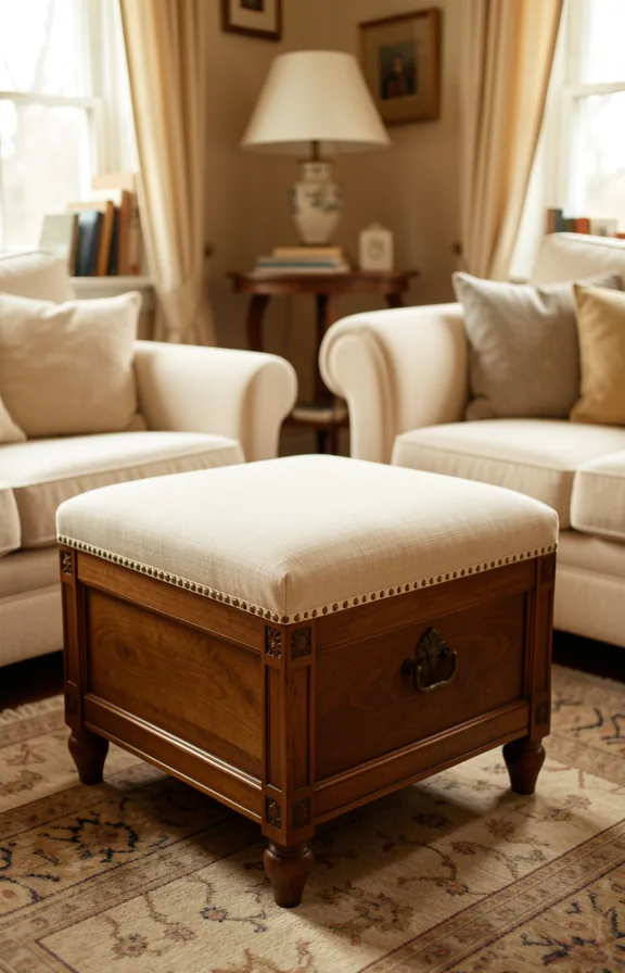 Corner of living room featuring a vintage wooden ottoman in medium brown with cream-coloured line