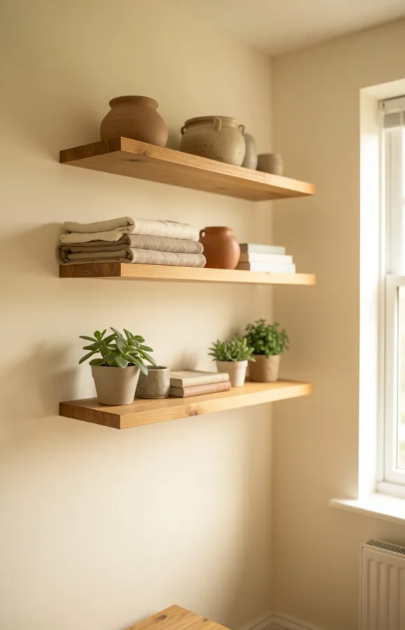 Small living room wall with floating wooden shelves in natural finish