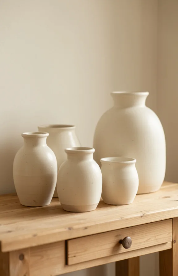 Styled vignette of cream ceramic vessels and vases of varying heights arranged on wooden shelf or