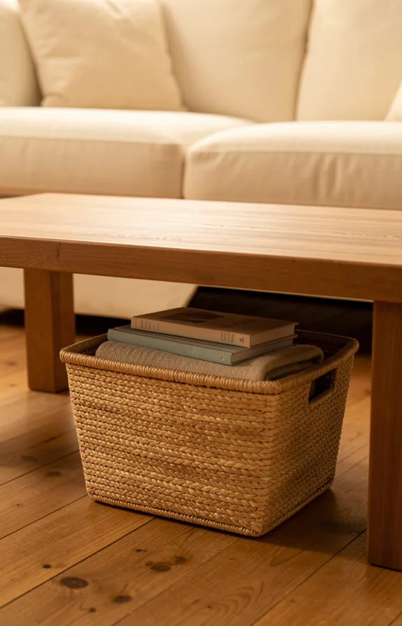 Under a low wooden coffee table sits a woven basket in natural jute tones