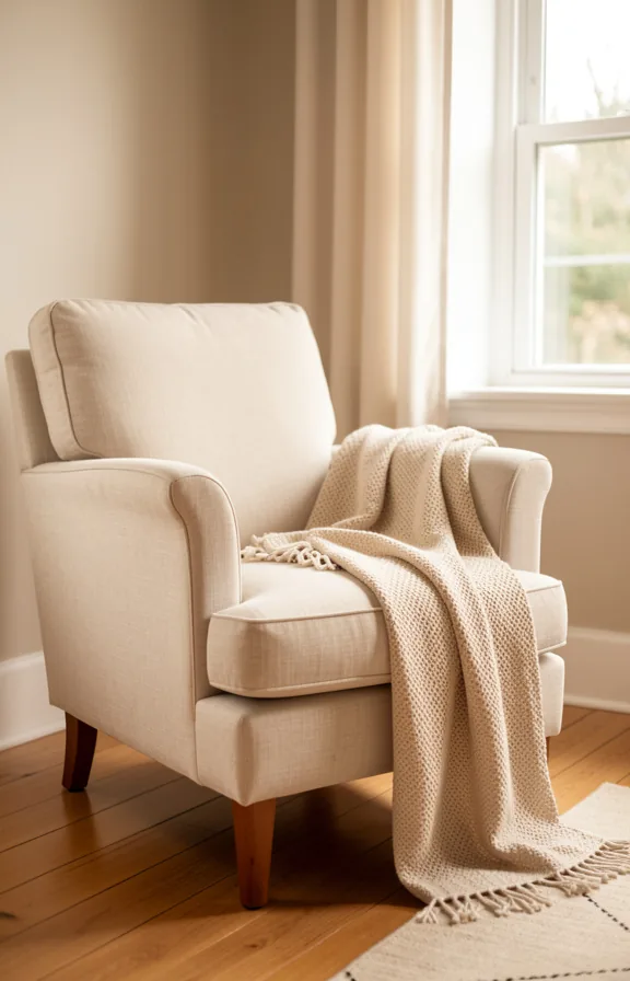 Small living room with a soft upholstered armchair in cream or beige linen fabric
