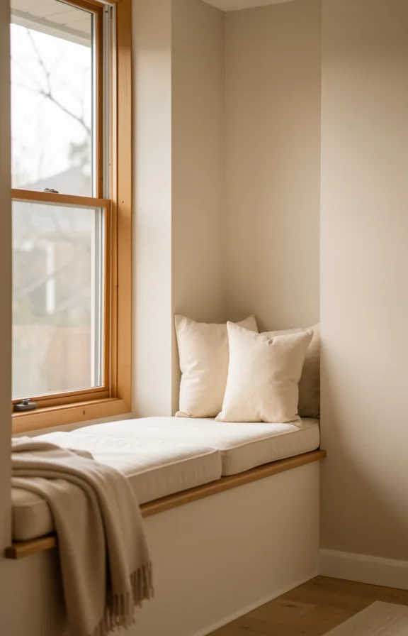 Window seat alcove in small living room with cream cushions and pillows