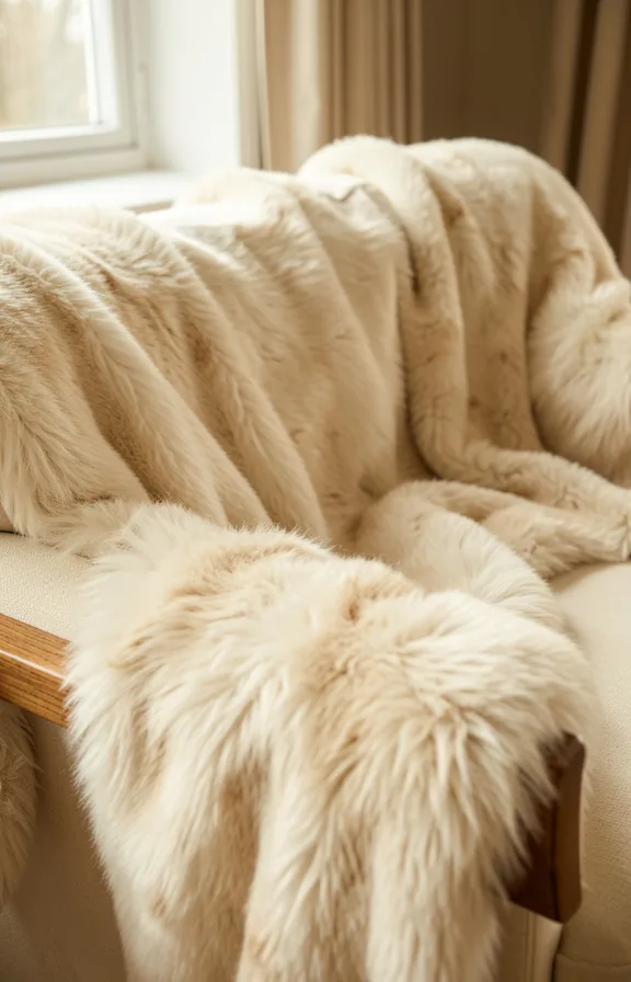 Cream sofa with a draped faux fur throw blanket in off-white or champagne tone
