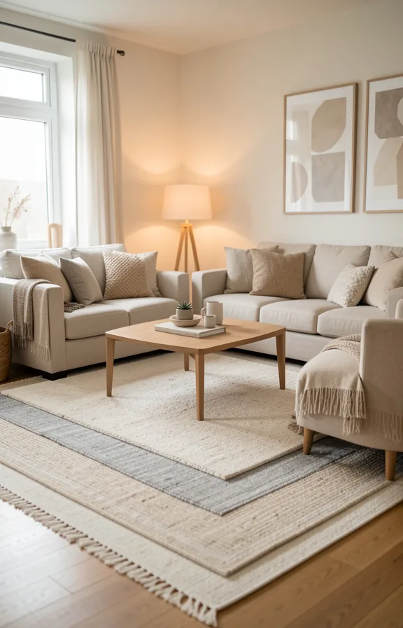 Full living room interior with layered rugs in cream