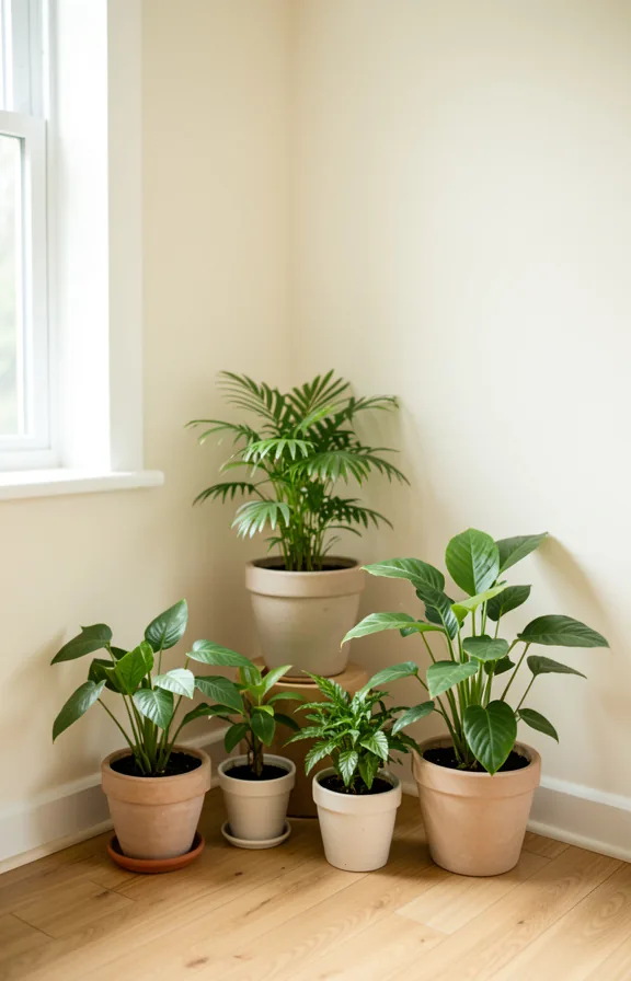 Corner of small living room with potted green plants in ceramic pots arranged at different heights