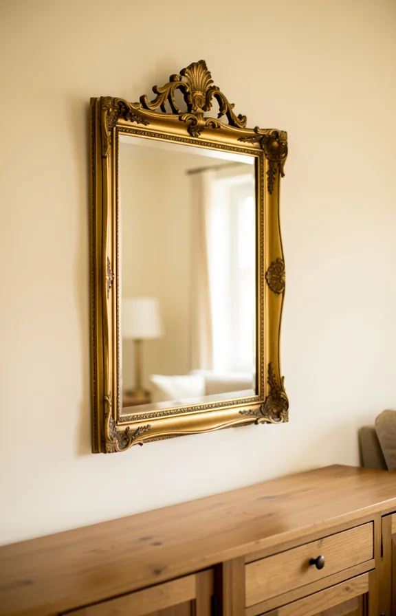 Small living room wall displaying a vintage ornate mirror in gold or brass frame