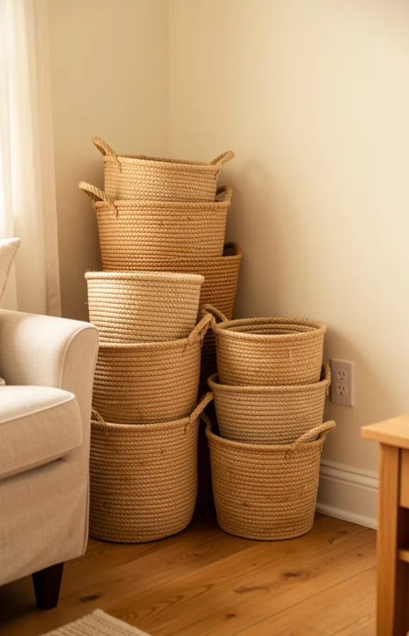 Collection of woven jute rope baskets in natural tones stacked or arranged in living room corner