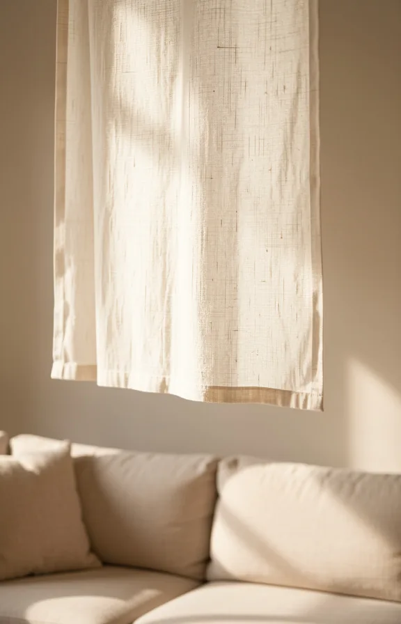 Wall hanging in cream linen fabric with subtle woven texture suspended above sofa