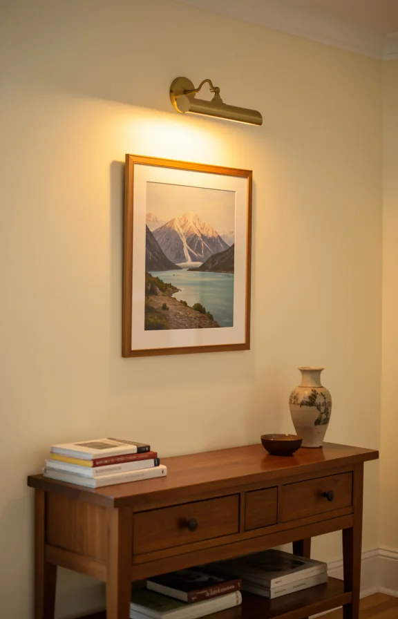 Living room artwork illuminated by a brass picture light fixture mounted above frame
