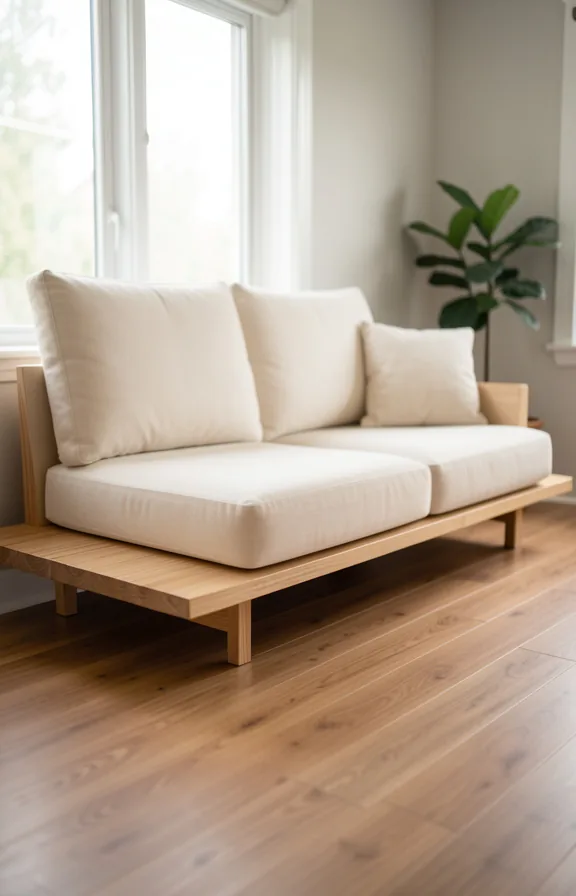 Small living room featuring a low-profile wooden platform sofa in natural finish with cream cushions