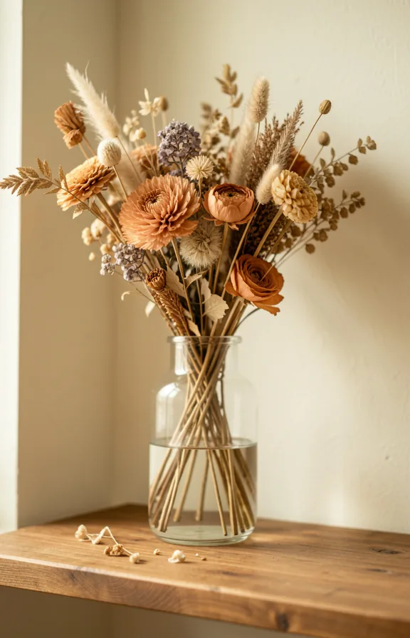 Dried flower arrangement in clear glass vase displayed on wooden shelf or table